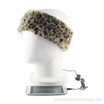 Headband with Faux Fur Leopard Winter Warm Wired Audio Stereo Headphone Sports Band 3.5mm Jack, OEM